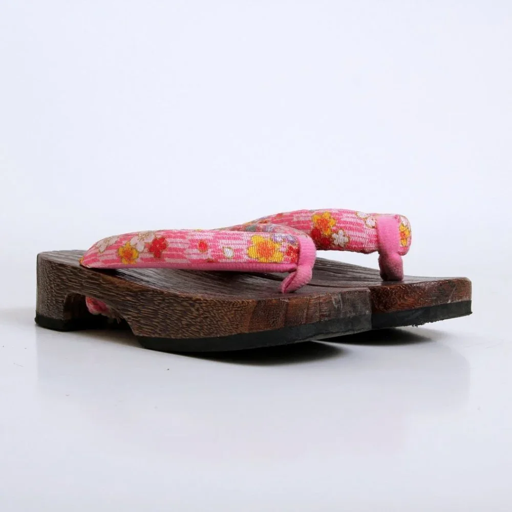 Japanese Wooden Floral Geta Sandals Pink Girl‎ Size 13.5